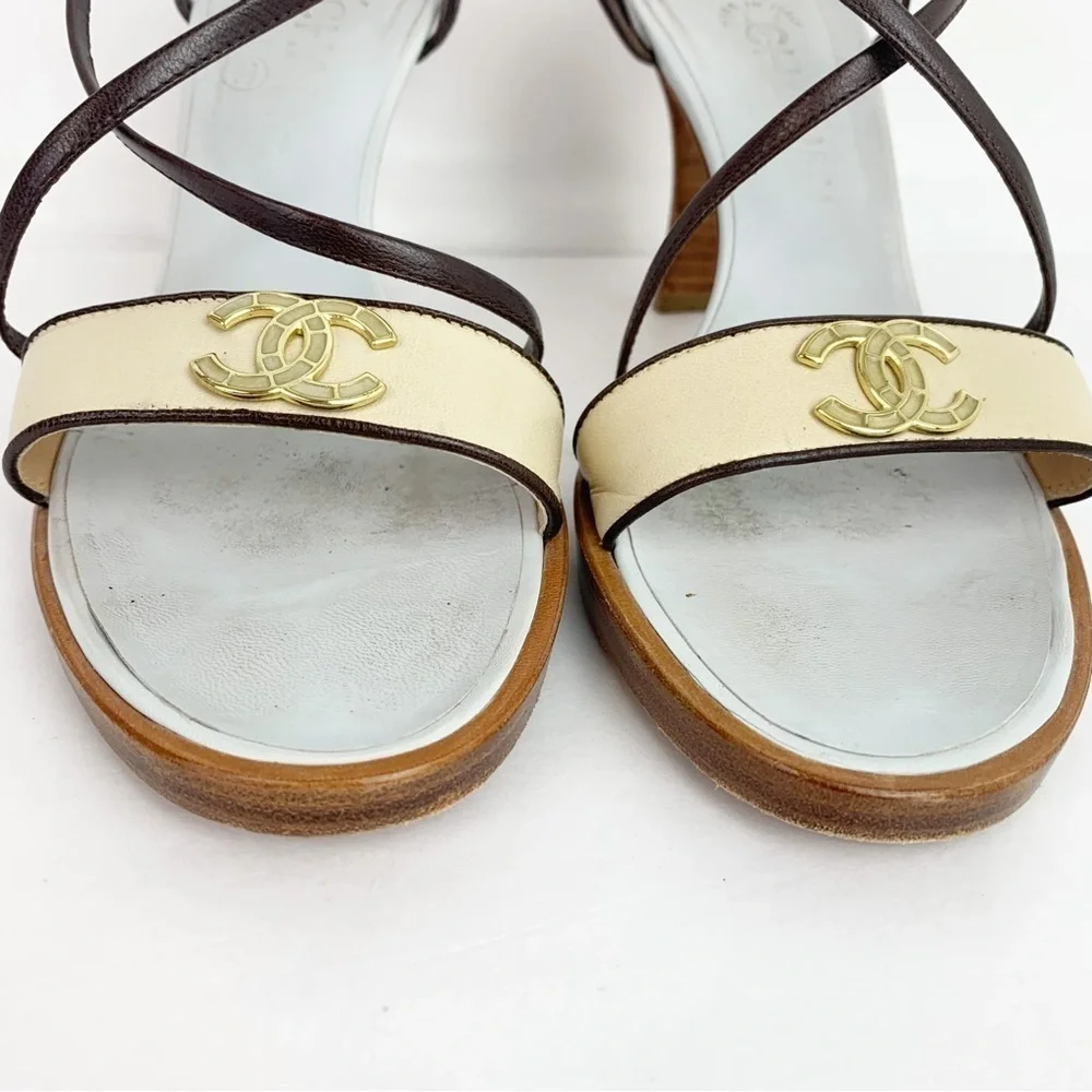 Chanel Blue / Brown Wooden Sole Strappy Heels Pumps 37 1/2 - Picture 7 of 13